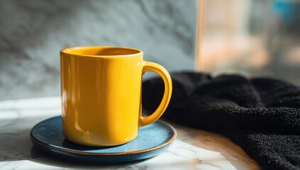 Sunny yellow mug on marble (1)