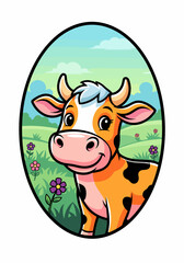 Cute cow mascot illustration showing cartoon animal with happy expression. Cow mascot image features meadow, flowers, and sky as a logo, emblem or graphic for branding. Depicting cow mascot design,