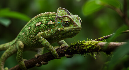 "A chameleon clinging to a branch with one eye looking toward the camera, surrounded by vibrant green foliage with dappled sunlight."

