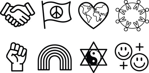 Collection of Isolated Black Outline Symbols on White Background Peace and Unity