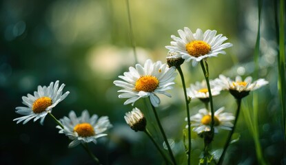 Soft-focus white daisies in sunlit field