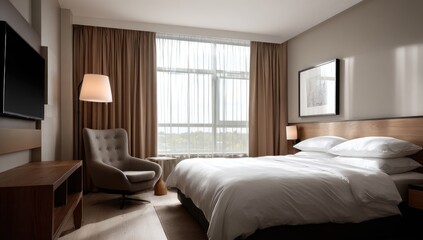 Modern hotel bedroom with large windows, light beige tones, and comfortable furnishings