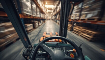 Obraz premium Forklift inside warehouse, motion blur