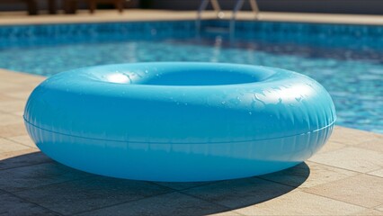 Blue inflatable pool tube by the swimming