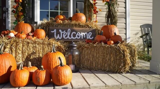Festive autumn porch decor with pumpkins and hay bales, featuring a "Welcome" sign