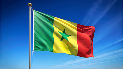 The national flag of senegal waving proudly against a brilliant blue sky with wispy white clouds on a sunny day
