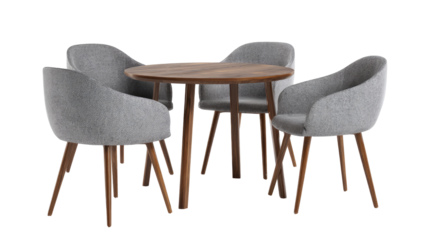 Four light gray upholstered chairs surround a light brown wooden circular table