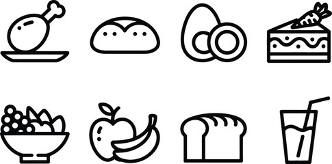 Food Icon Set Chicken Leg, Bread, Egg, Cake, Fruits, Drink With Transparent Background