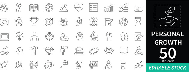 Personal Growth icon set with editable stroke vector illustrations. Includes icons for career growth, coaching, mindset, development, and strategy. Ideal for self-improvement and professional projects