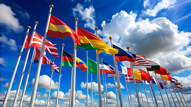 A vibrant display of numerous national flags fluttering proudly against a bright blue sky with fluffy white clouds on a sunny day - Powered by Adobe