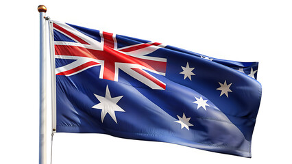 Fototapeta premium The australian national flag waving proudly on a flagpole against a clean white background symbolizing national pride and patriotism
