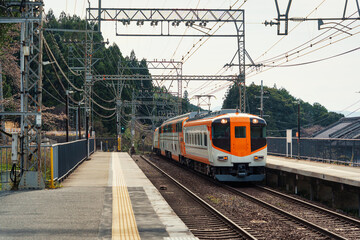 Obraz premium Japanese modern limited express train arriving at rural station with electric lines surrounded by trees and scenic countryside landscape