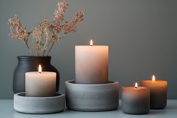 An ombre-dipped candle set placed in concrete holders with smooth rounded edges and muted surroundings 