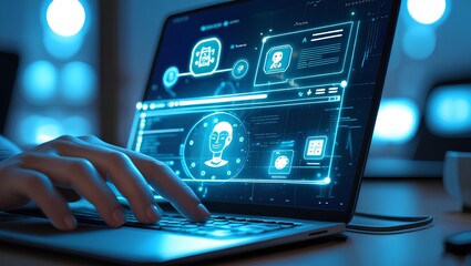 a person's hands typing on a laptop keyboard with glowing holographic AI interface elements