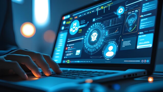 a person's hands typing on a laptop keyboard with glowing holographic AI interface elements - Powered by Adobe