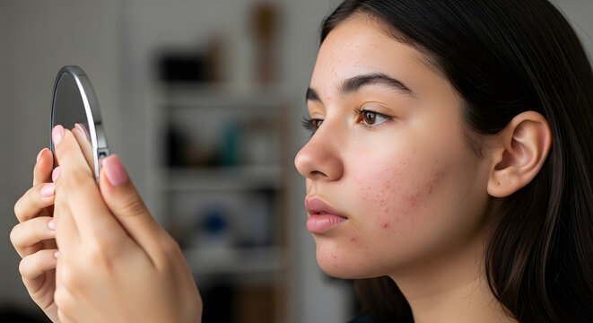 Young woman looking closely at a pimple on her cheek in a mirror, representing teenage skin problems and self-consciousness.