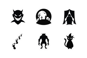Halloween Icons Silhouette Set. Devil, Graveyard, Ghost Tent, Footprints, Werewolf, Witch Cat Vector Illustration.