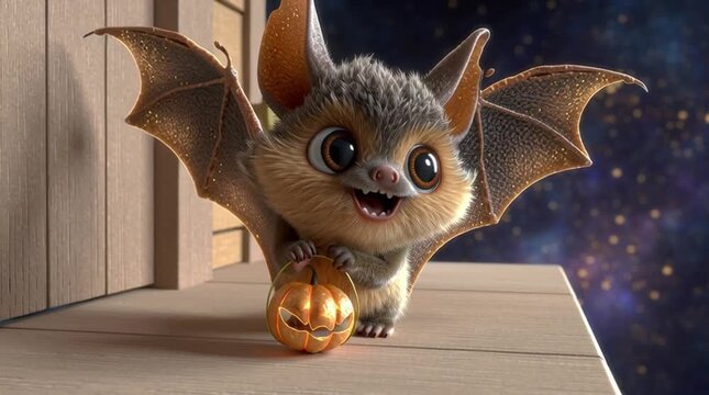 3d cartoon bat holding a tiny jack-o'-lantern in its claws