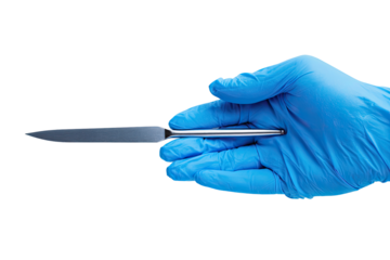 A gloved hand holds a surgical instrument