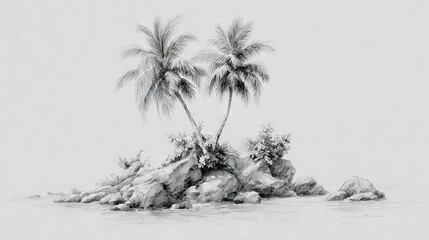 Detailed pencil sketch of a tropical island.