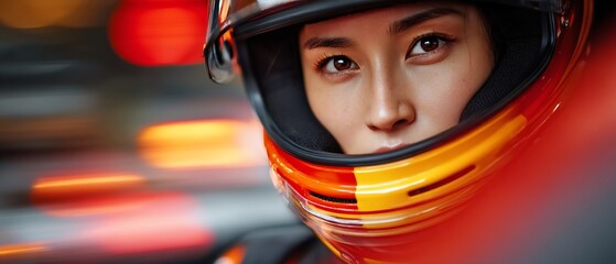 Portrait of a Female Racer in Helmet Closeup.