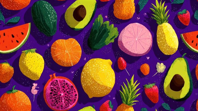 Colorful illustration of various fruits scattered on a vibrant purple background