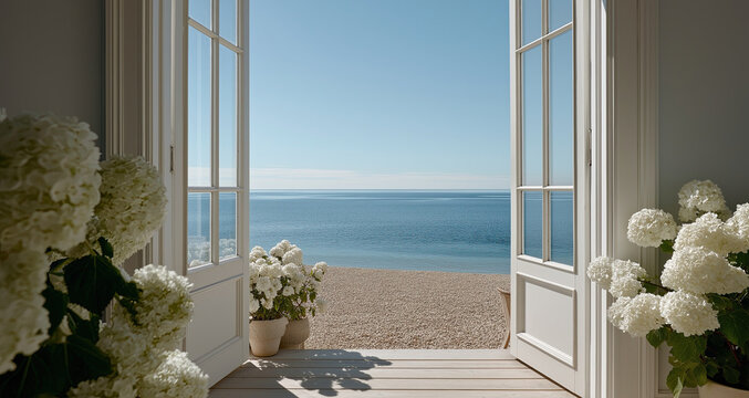 Open French doors frame pristine oceanfront vista with blooming white hydrangeas