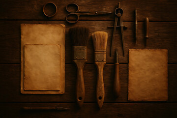 Vintage Art Brushes and Tools on Aged Paper and Wooden Surface in Warm Rustic Studio Flat Lay