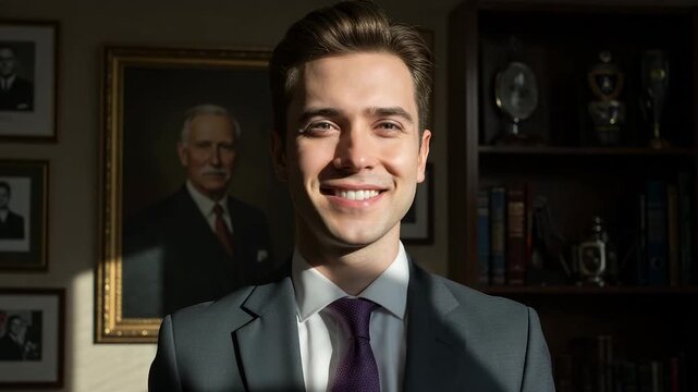 Young businessman in a modern office with a portrait of a male predecessor on the wall