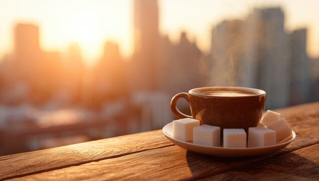 Warm coffee cup on a rooftop patio at sunrise over a city - Powered by Adobe