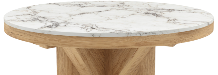 Oval coffee table with a white marble top and a light brown wood base