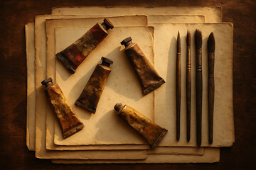 Vintage Paint Tubes and Brushes Arranged on Aged Parchment in Rustic Flat Lay Composition