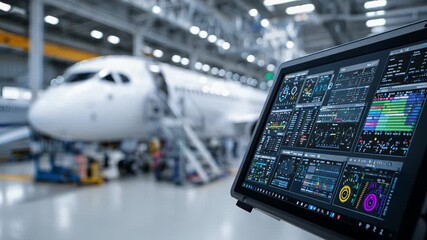 Aircraft systems on a digital interface while an airplane is serviced in a maintenance hangar - Powered by Adobe