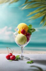Advertising photo of ice cream in a cup, on a tropical beach with the sea and palm trees in the background. Two scoops of yellow-green ice cream with cherries inside and mint leaves.