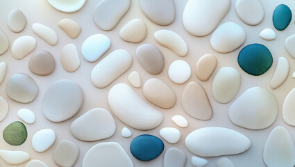 A visually soothing arrangement of various smooth pebbles in soft pastel shades.