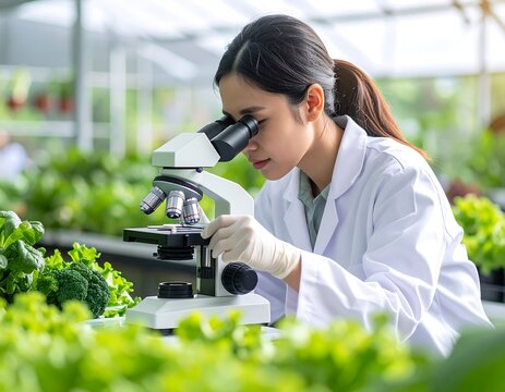 Female scientist examining plants using a microscope in agricultural research lab