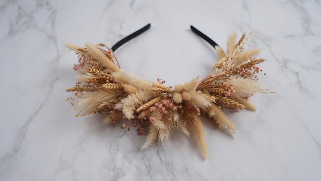 Boho dried flower crown headband with fluffy plumes and grasses - Powered by Adobe