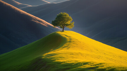 A striking landscape capturing a solitary tree atop a gently rolling hill during golden hour.