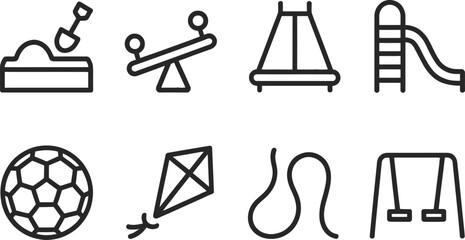 Playground Fun Icons Set Sandpit, Seesaw, Slide, Ball, Kite on Transparent Background © MDABDUS