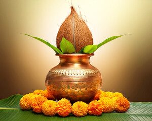 Indian festival akshaya tritiya concept : Decorative kalash with coconut and leaf with floral decoration
