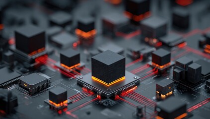 Close-up circuit board with glowing cubes