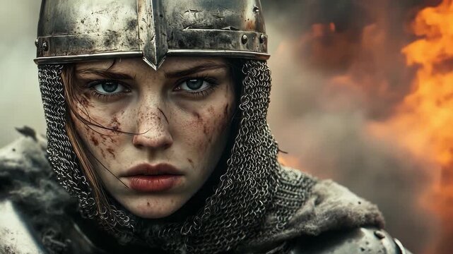 A fierce female warrior with a determined expression stands strong, surrounded by flames and the aftermath of battle at dusk