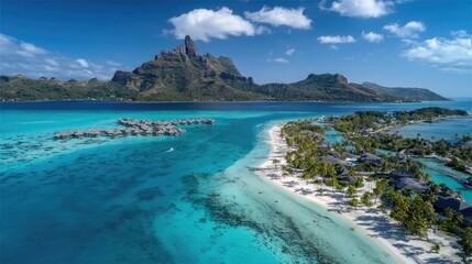 Fototapeta premium Tropical island paradise with overwater bungalows.