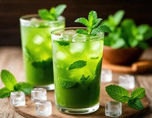 Fototapeta premium matcha with ice and mint. summer refreshing healthy drink