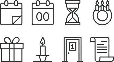 Set of Eight Various Outline Icon Designs Featuring Calendar, Hourglass, Candle, Door