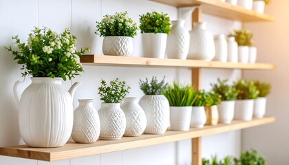 Two wooden shelves display a collection of white ceramic pots and vases, filled with lush green plants and artificial flowers, bathed in soft sunlight