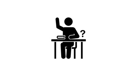 Stylized illustration of a student raising their hand in a classroom setting.