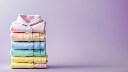 A neatly stacked arrangement of pastel-colored shirts, showcasing calming colors such as pink, yellow, light blue, and green.