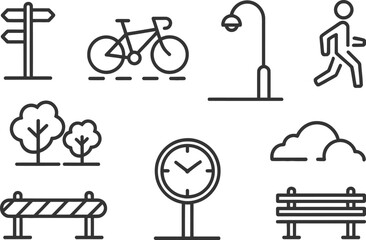 Set of Park Elements Signpost, Bike, Lamp, Running Man and Tree Line Icons