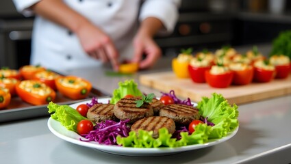 Obraz premium Fresh gourmet dishes, including vibrant salads and perfectly cooked chicken, are meticulously prepared by chefs and gracefully served by waiters in a bustling restaurant dining roomFresh gourmet dishe